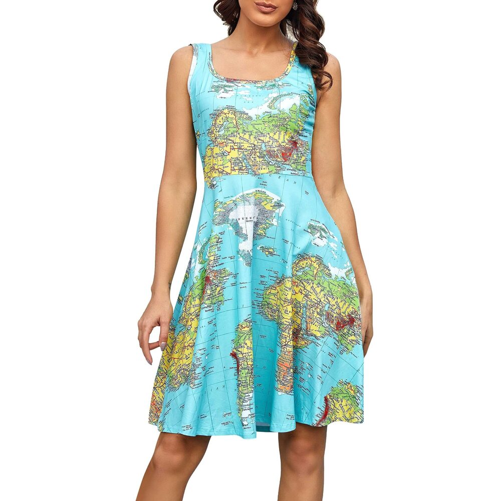 7253 World Map Dress A Line Sleeveless Vintage Dress Summer Fun Midi Dress